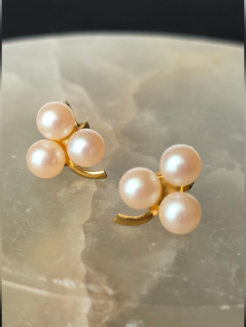 Vintage Gold And Triple Pearl Clip On Earrings 1968 Pat. P. Signed Gold Tone